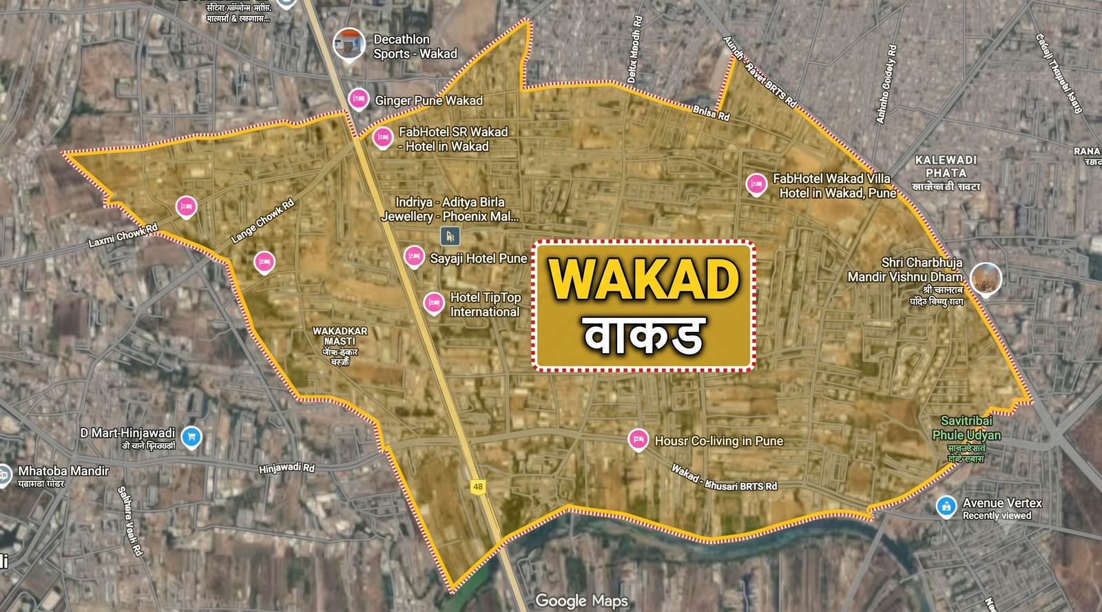 Satellite map of the Wakad Pune area in Pune showing local hotels and landmarks